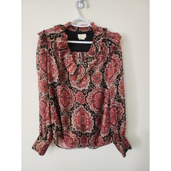 Kate Spade Womens Blouse Size S Red Gold Black Long Sleeve Ruffles Sheer - Picture 1 of 9